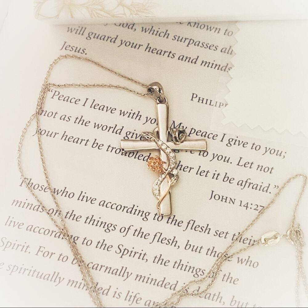 Flower Wrapped Sterling Silver Cross Two Toned Necklace